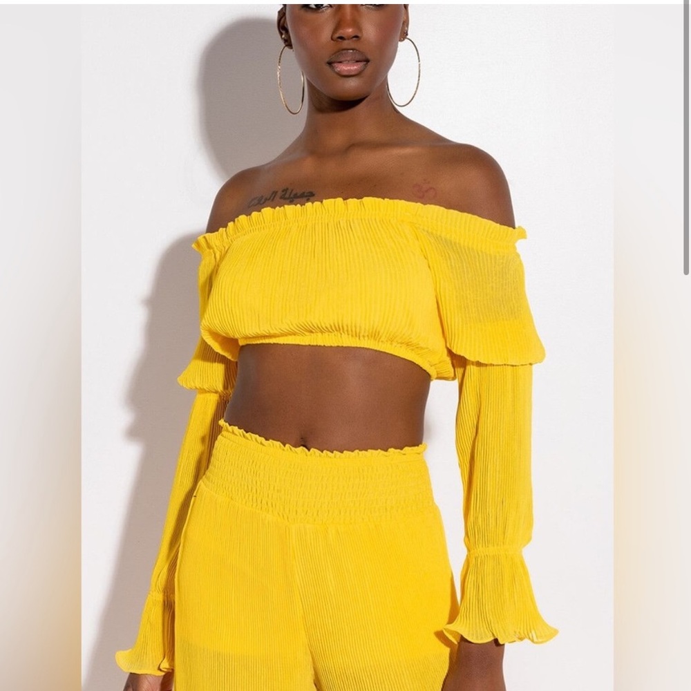 Yellow Accordion Sleeve Pleated Crop Bandeau Top